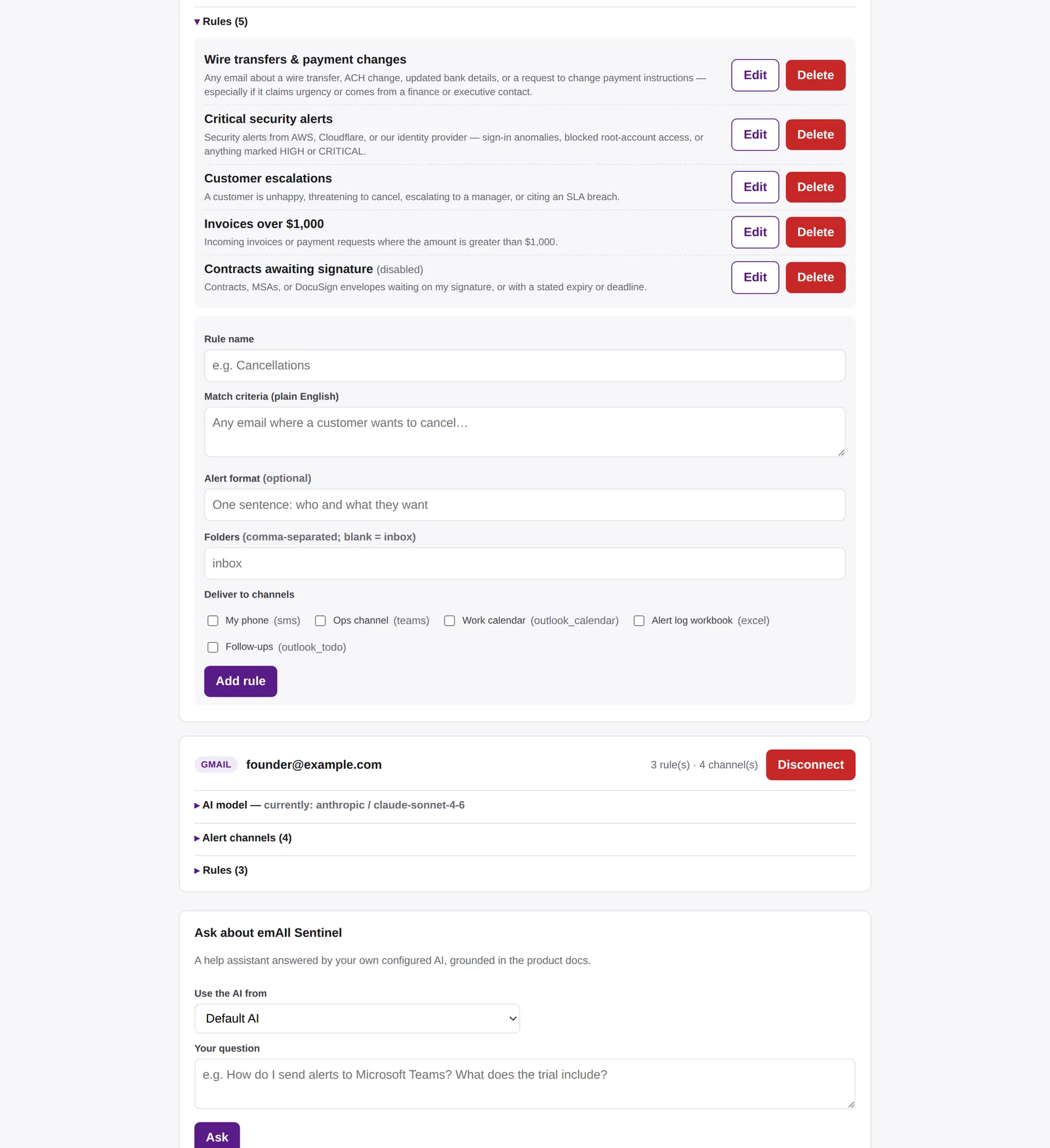 Rules in plain English — Named rules with match criteria, alert format, folders, and the channels each one delivers to.