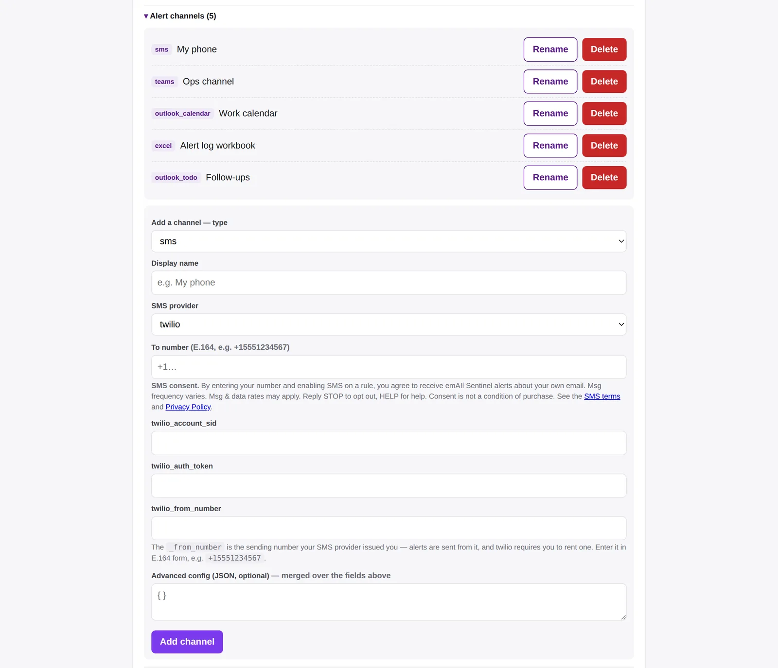 Alert channels — SMS, Teams, Outlook Calendar, Excel and To Do, added once and reused across rules.