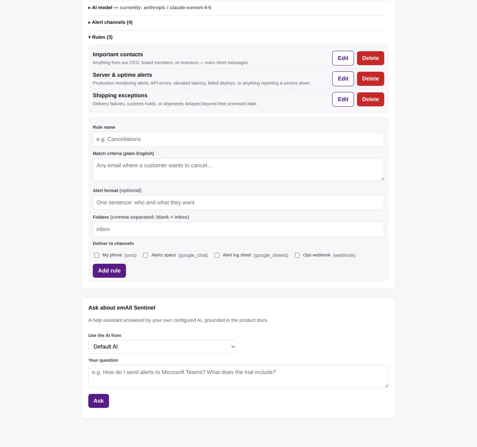 Gmail, same console — A Gmail account gets the same rule editor, with Google Chat, Sheets and webhook channels.