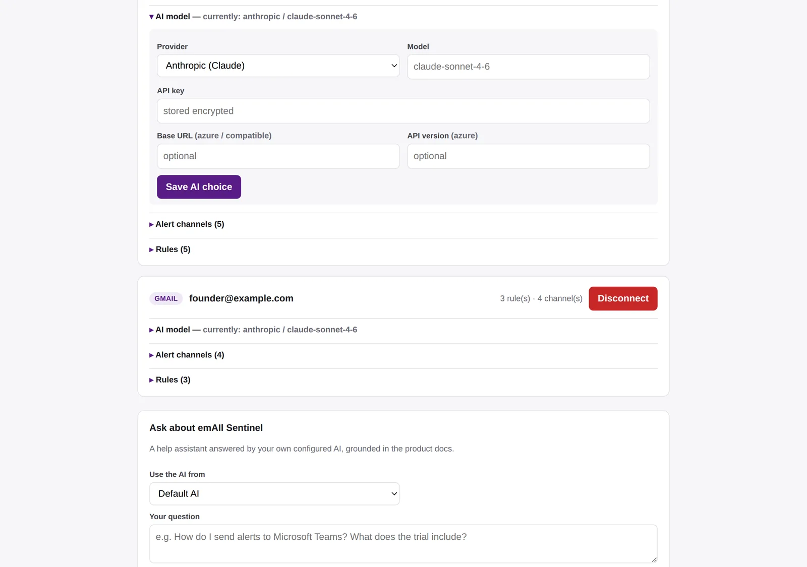 Your AI, your key — Claude, ChatGPT, Gemini, Azure or any compatible model, set per mailbox; keys are stored encrypted.